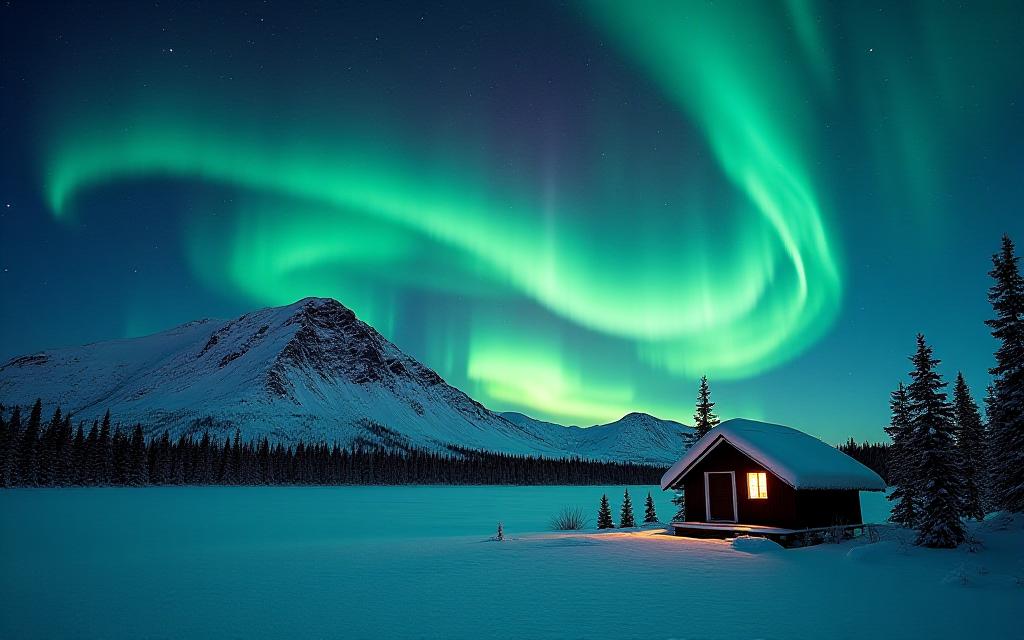 Nordlys over arktisk landskap